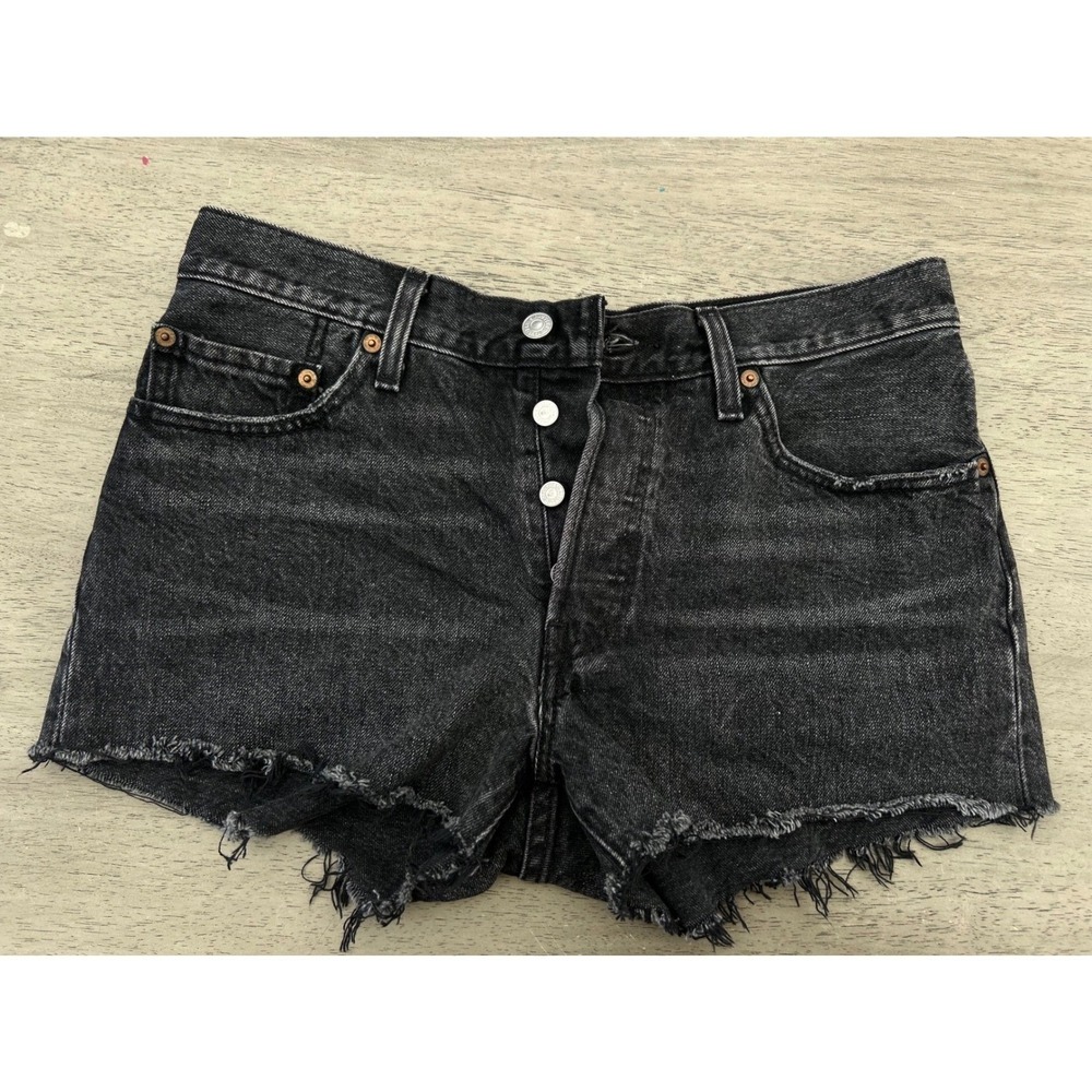 Levis 501 High Rise Denim Shorts Washed Black Cut Off Button Fly Size 28